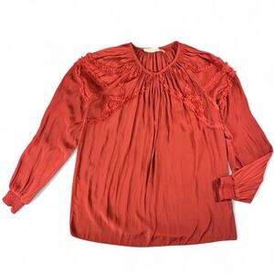 Ramy‎ Brook 100% Silk Blouse XS Keyhole Flowy Ruched Smocked Holiday Chili Red
